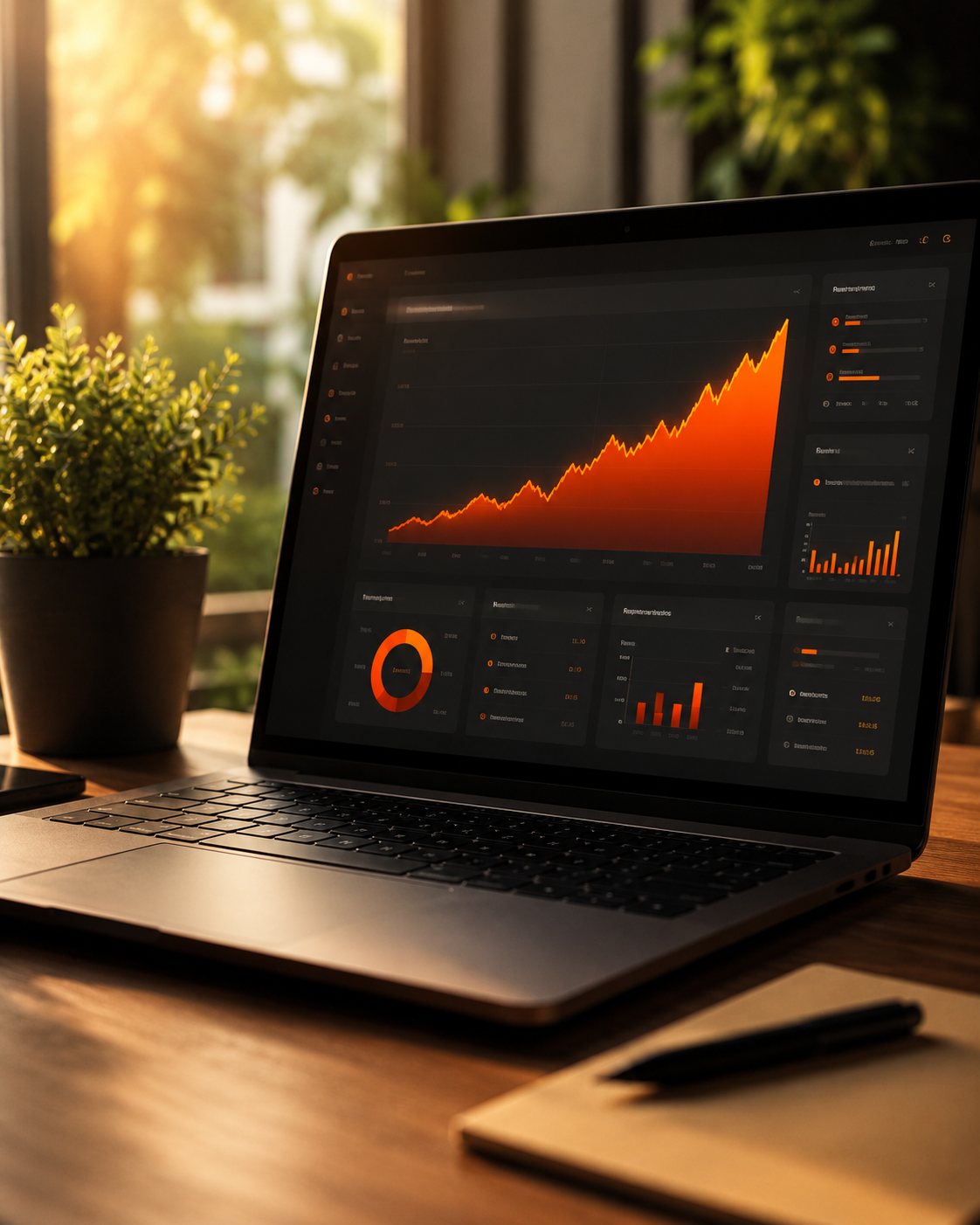 Dashboard com curva de crescimento em laranja