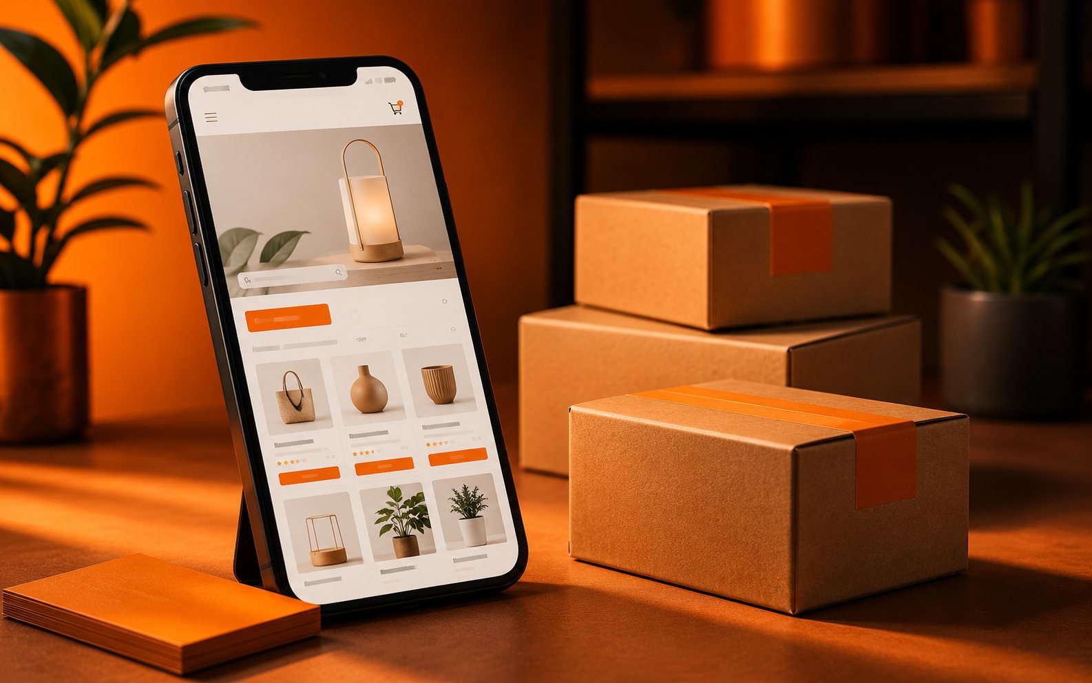 Loja virtual em smartphone com caixas de envio