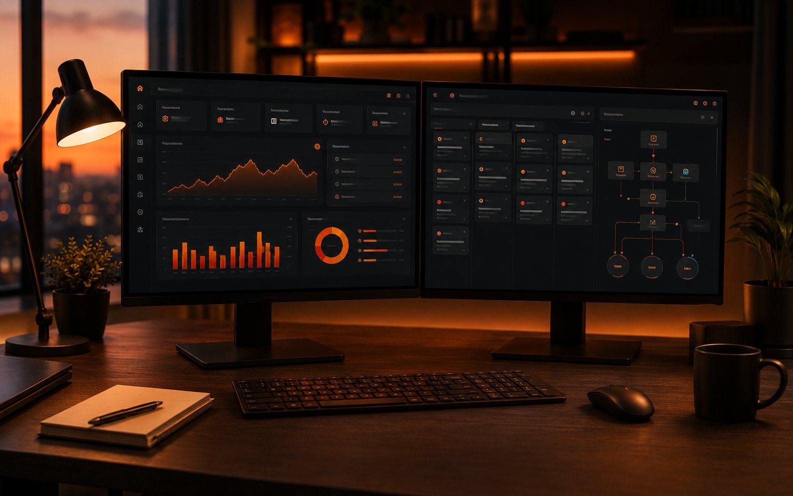 Sistema de gestão web com quadro kanban em dois monitores