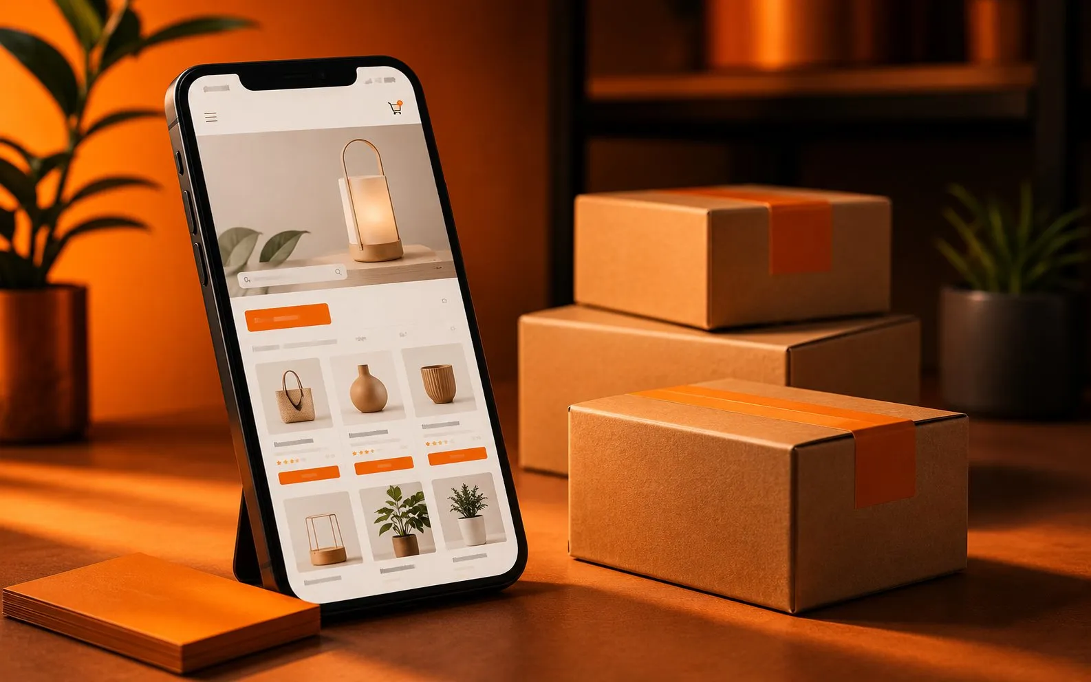 Celular com loja virtual ao lado de caixas de envio